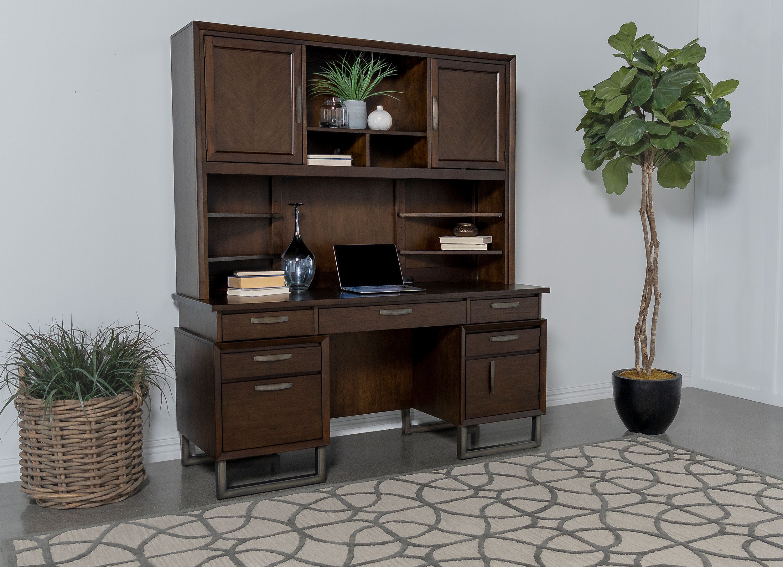 Marshall 10-drawer Credenza Desk With Hutch Dark Walnut and Gunmetal image