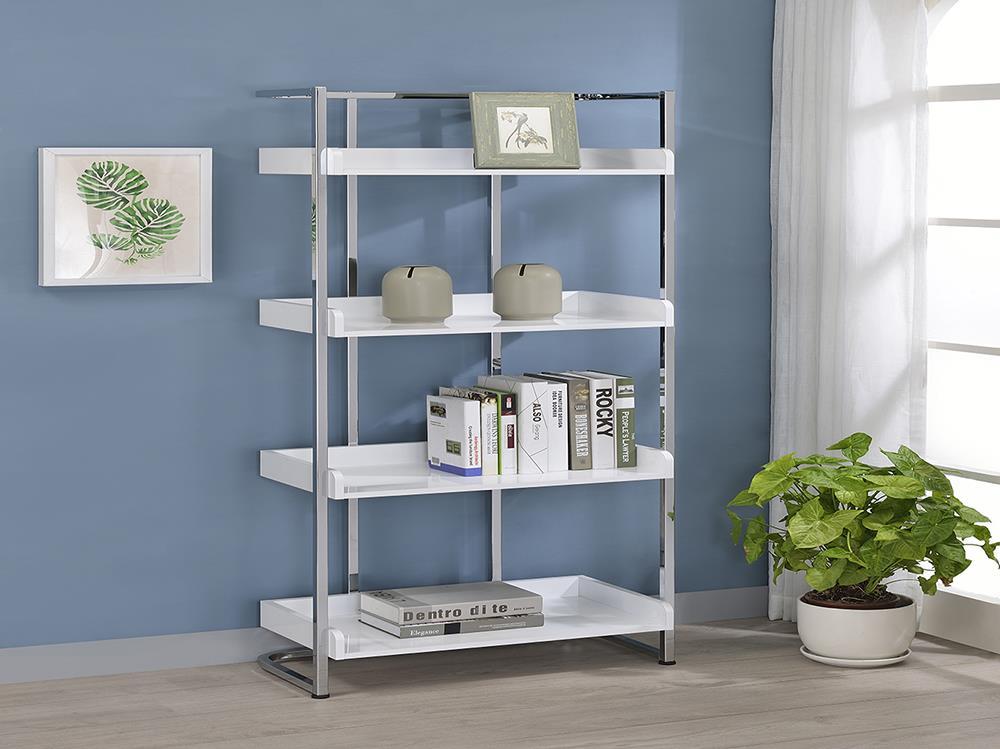 Ember 4-shelf Bookcase White High Gloss and Chrome