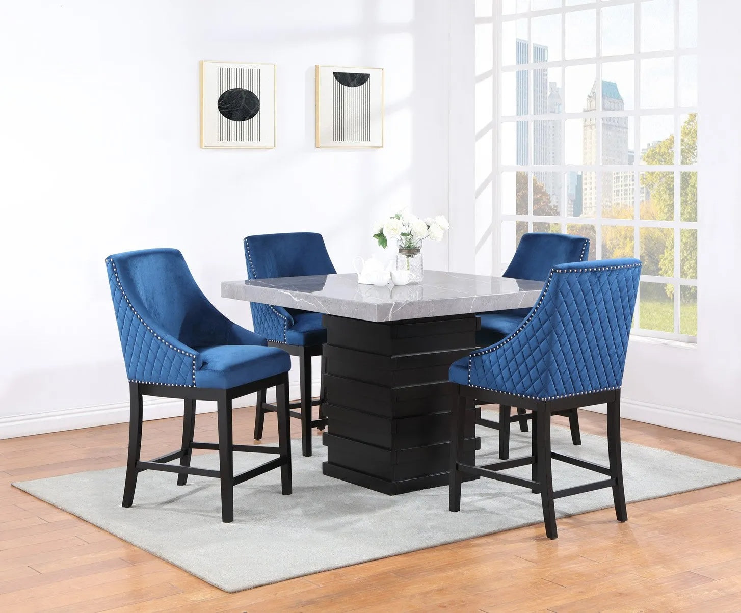 D164 White/D163 Blue Table & 4 Chairs