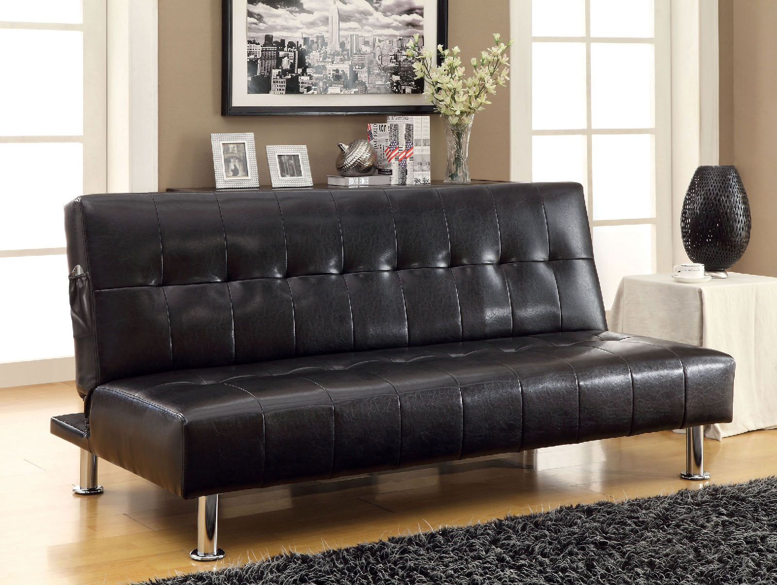 Bulle Black/Chrome Leatherette Futon Sofa, Black image