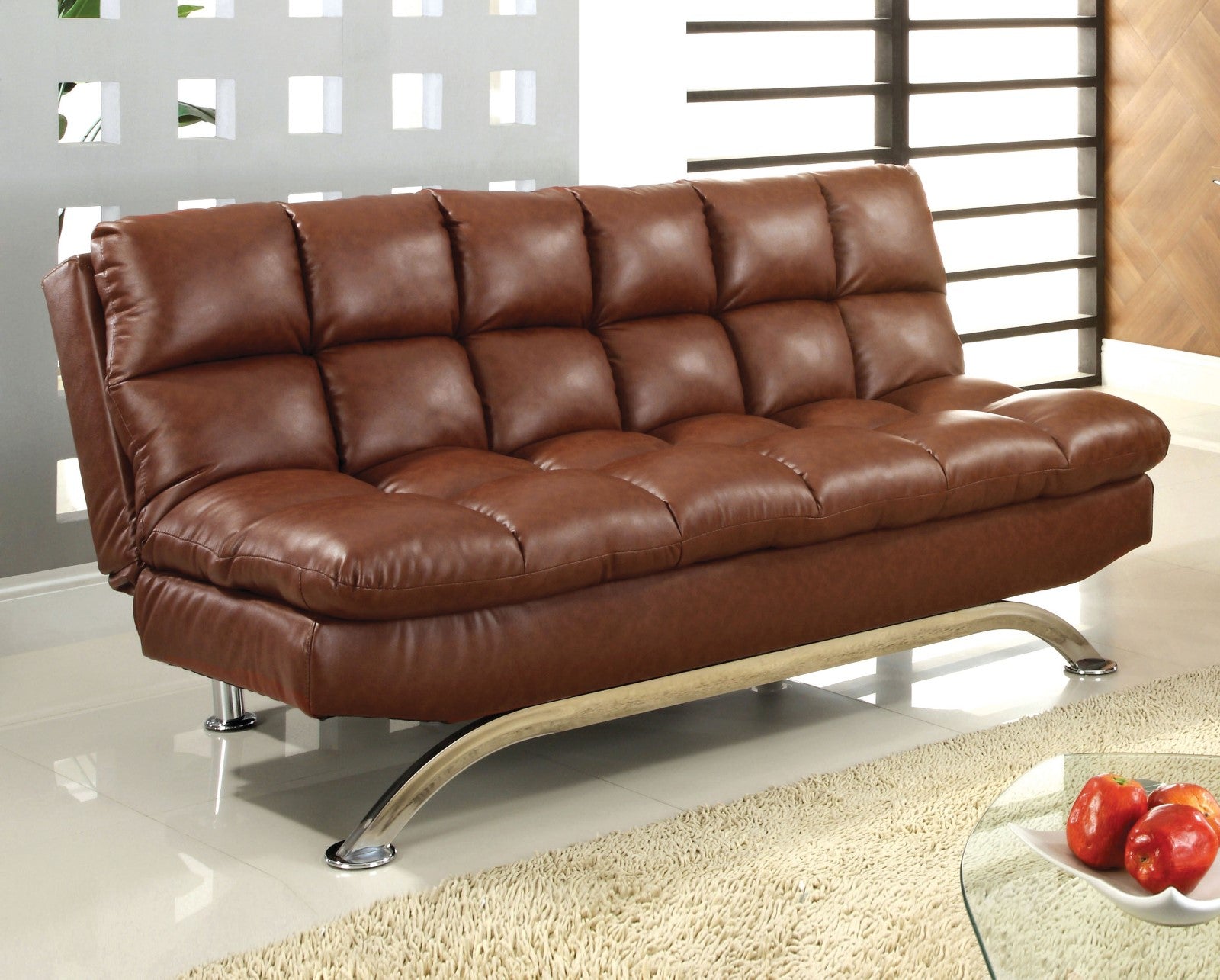 Aristo Saddle Brown Leatherette Futon Sofa, Saddle Brown image